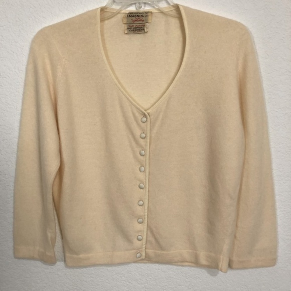 I. Magnin Cashmere Vintage V Neck Cardigan Satin Trim & Buttons Timeless